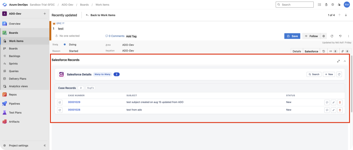 Salesforce Records panel on an Azure DevOps work item