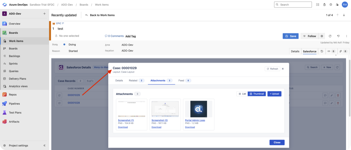 Record details with Attachments and Chatter Feed tabs