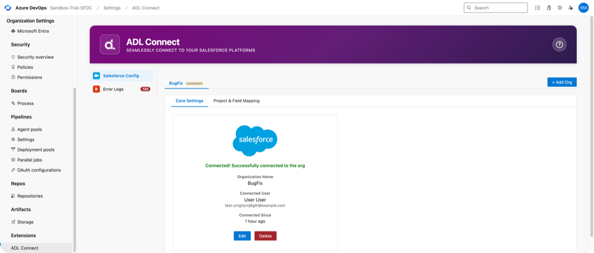 Salesforce org connected in Core Settings